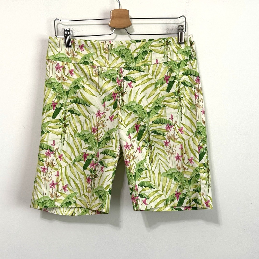 J McLaughlin Masie Shorts 10 Pull On Multi Coral Gable Tropical Palm Floral